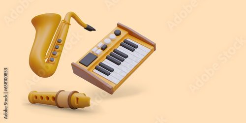 Realistic saxophone, flute, synthesizer. Musical instruments. Vector concept in cartoon style. Color illustration. Horizontal banner with blank part for text