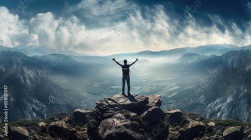 Man on the mountain standing with his hands up