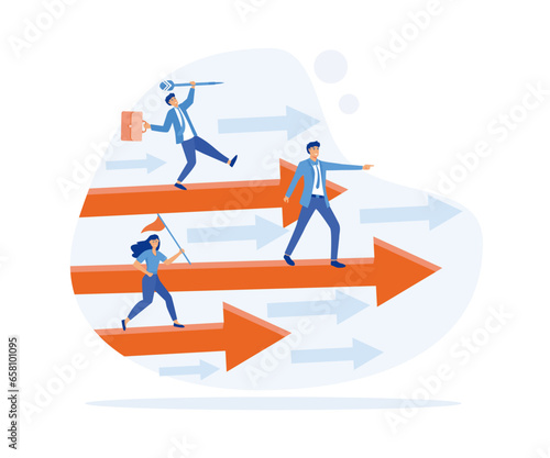 Business competition. Three business persons racing on the arrows, flat vector modern illustration 