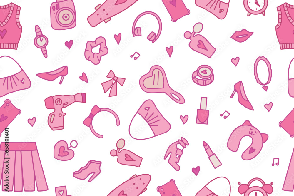 Seamless pattern of accessories, cosmetics and clothes for pink dolls. Vector illustration