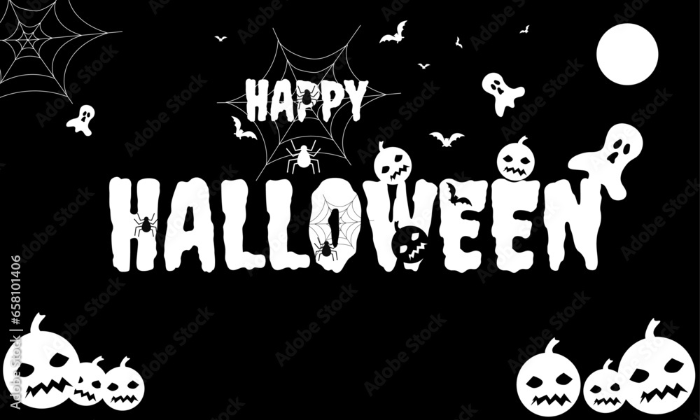 happy halloween black and white text with spider,ghost,bats and pumpkin background