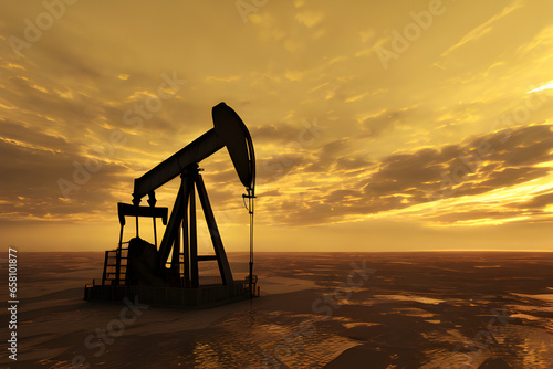 Iconic Oil Pump Jack Rig Silhouette At Work In The Barren Wasteland In Sunset Sky Background Energy Industry Theme