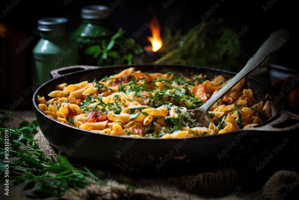 leftover pasta in an open pan with a serving spoon leftover pasta in an open pan with a serving spoon