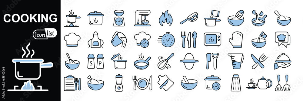 Cooking and kitchen icon collection .Outline Style Blue Icon Set Cooking book, frying time, hot pan. vector illustration. Cooking and kitchen icon collection .Outline Style Blue Icon Set Cooking book, frying time, hot pan. vector illustration.