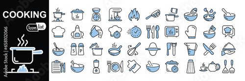 Cooking and kitchen  icon collection .Outline Style Blue Icon Set  Cooking book, frying time, hot pan. vector illustration.
