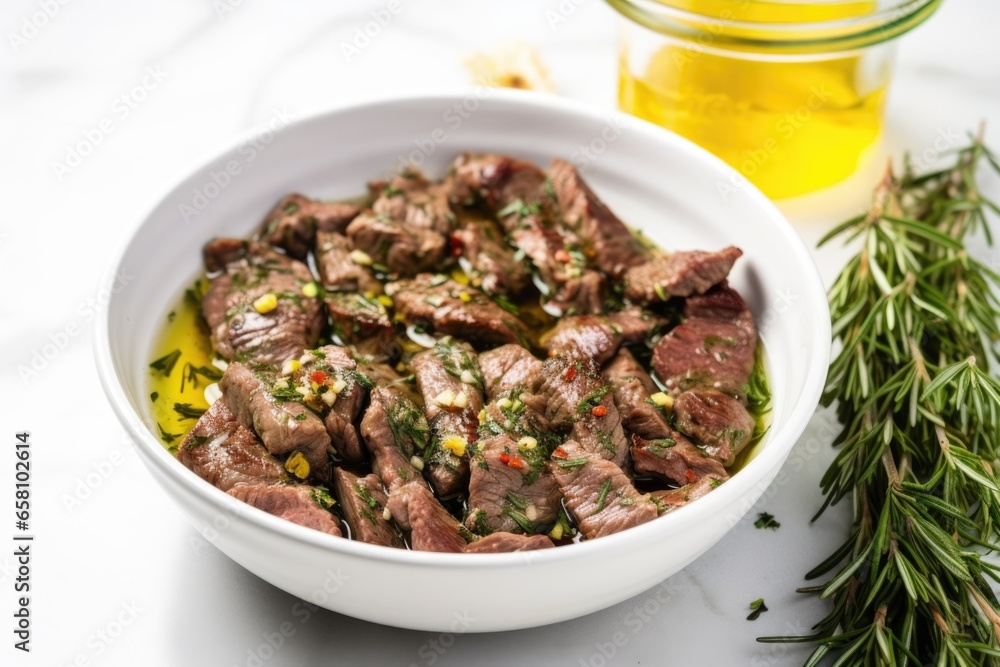 skirt steak marinated in bowl with garlic and herbs skirt steak marinated in bowl with garlic and herbs