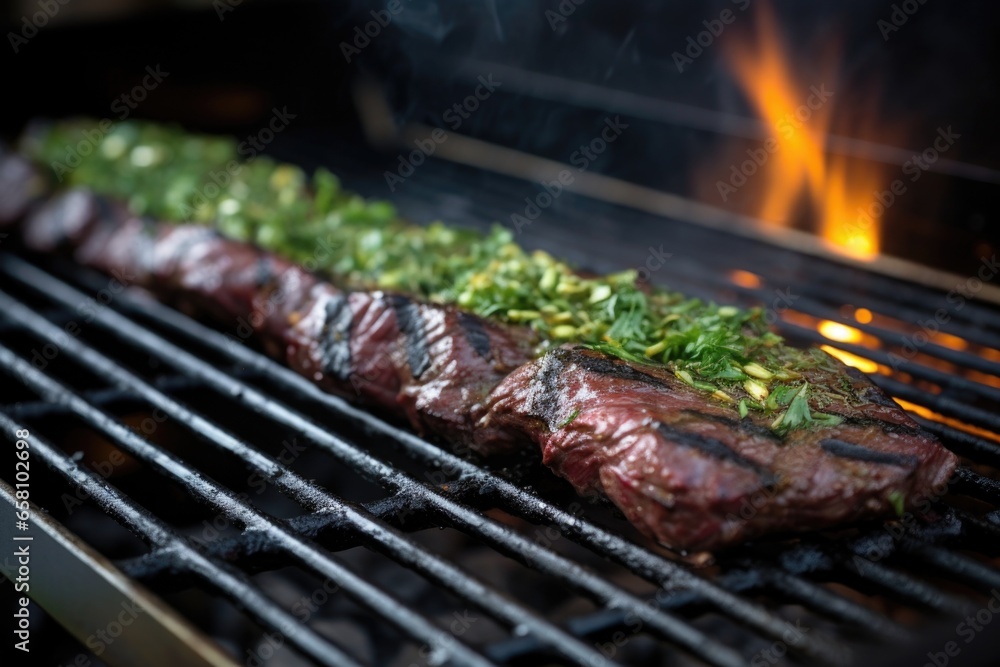 skirt steak being grilled on a charcoal bbq