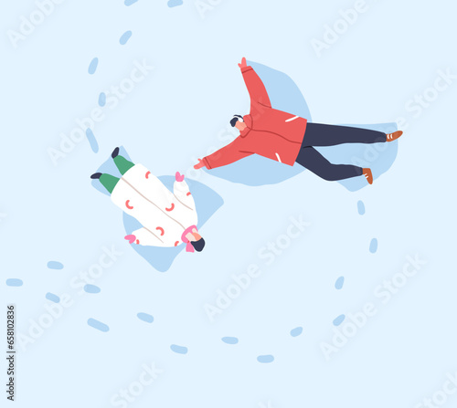 Love couple making snow angels prints, lying in snowdrift. Romantic date on winter holiday. Happy man and woman valentines, outdoor fun in cold weather, wintertime frost. Flat vector illustration