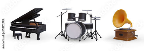 Set of realistic musical instruments and players. Grand piano, drum set, gramophone. Classical, vintage and pop music. Different musical styles. Isolated vector illustration