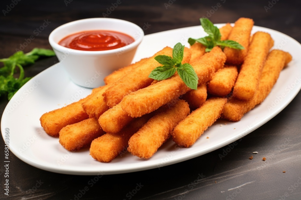 mozzarella sticks presented in a white ceramic plate mozzarella sticks presented in a white ceramic plate