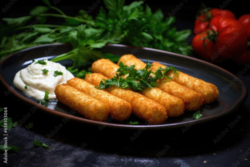 mozzarella sticks with sprigs of parsley as garnish mozzarella sticks with sprigs of parsley as garnish
