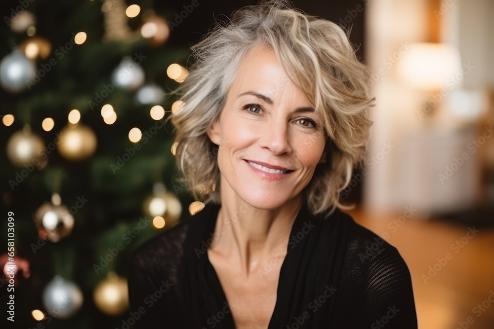 Portrait of happy senior woman with christmas tree in the background Portrait of happy senior woman with christmas tree in the background