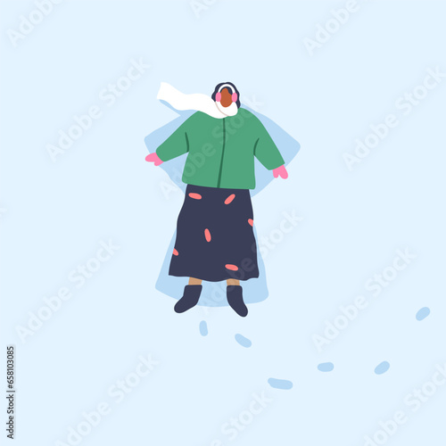 Black woman making snow angel, lying in snowdrift, top view. Girl and winter holiday fun. Female in scarf, funny outdoor activity in wintertime vacation, frost, cold weather. Flat vector illustration