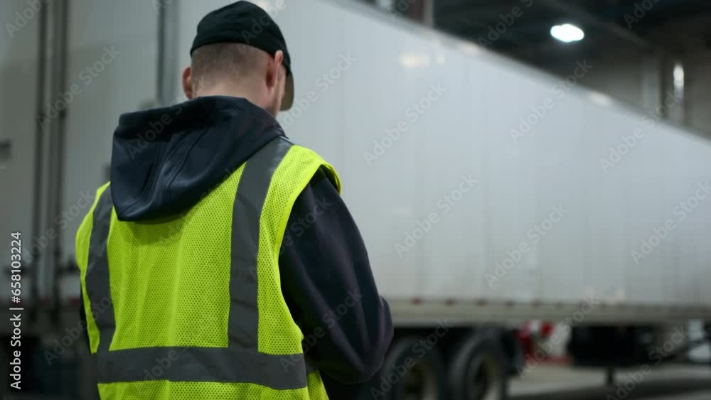 Service of the car in the technical center or warehouse, records information about the machine. Wide shot Service of the car in the technical center or warehouse, records information about the machine. Wide shot