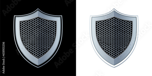 Metallic and Cybersecurity Shield. Designed in technological style metallic shield isolated on black and white background. Vector.