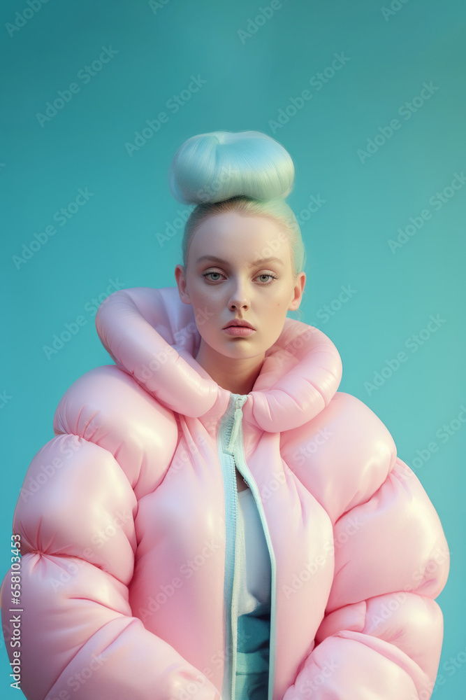 A beautiful woman wearing an inflatable pink jacket stands against a blue wall, her soft skin and vibrant clothing making her a captivating portrait of the joys of winter A beautiful woman wearing an inflatable pink jacket stands against a blue wall, her soft skin and vibrant clothing making her a captivating portrait of the joys of winter