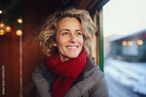 Portrait of smiling mature woman standing in front of the train window