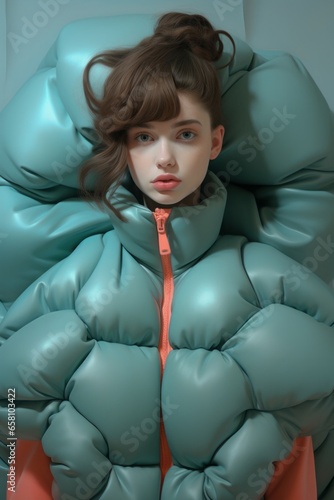 A beautiful portrait of a woman in a puffy, inflatable jacket evokes a sense of wintery strength and superhero-like confidence as she stands proudly indoors