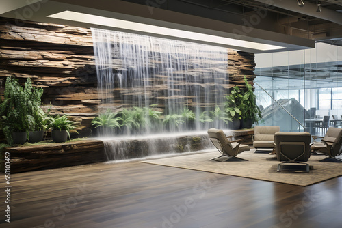 A small waterfall feature in an open space office provides soothing sounds, creating a serene environment for relaxation