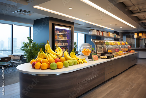 A fresh fruit and snack bar offers a variety of healthy options for employees looking for a quick bite in an open space office