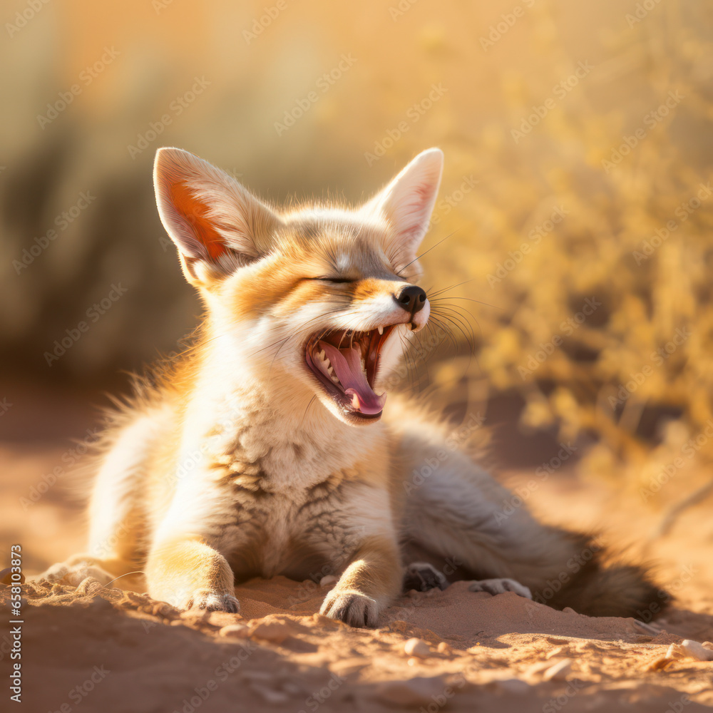 desert fox yawns in the desert.