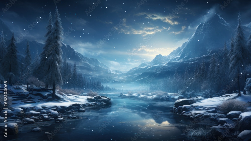 winter river flows at night