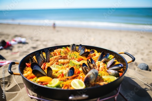seafood paella served on a beach picnic