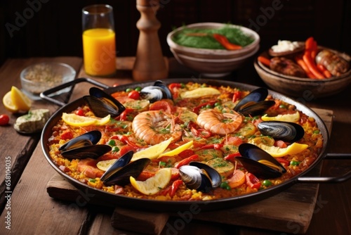 seafood paella on a wooden table with various spices nearby
