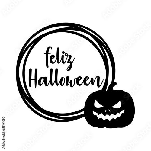 Logo con marco circular con líneas con silueta de calabaza de Halloween Jack O Lantern con letras palabra manuscrita feliz Halloween en español