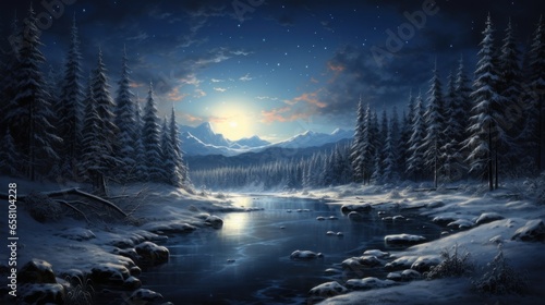 winter river flows at night