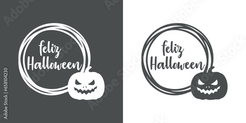 Logo con marco circular con líneas con silueta de calabaza de Halloween Jack O Lantern con letras palabra manuscrita feliz Halloween en español