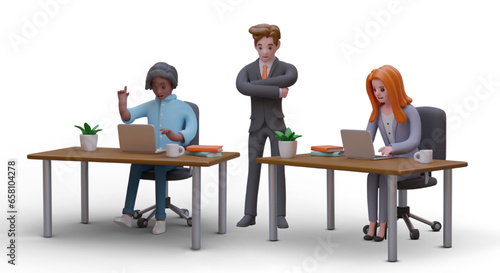 Head and office workers with laptops. Control of workflow. Management of subordinates. Successful personnel management. Coaching. Business color concept