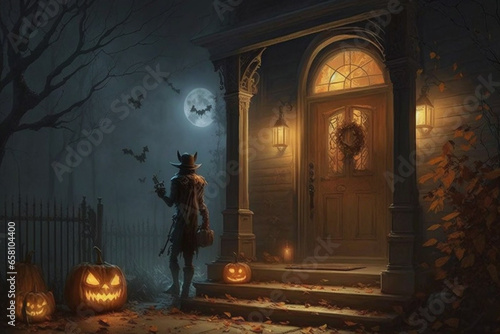 Scene with a mysterious character on the porch of a house at night on Halloween. Generative AI