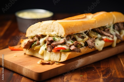 close-up of a juicy philly cheesesteak on a wooden chopping board