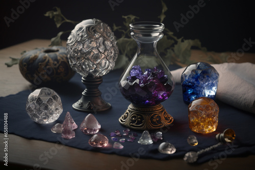 Minerals, magic crystals on the table. Ritual, Witchcraft for relaxation, meditation. Esoteric spiritual practice. life balance. Generative AI