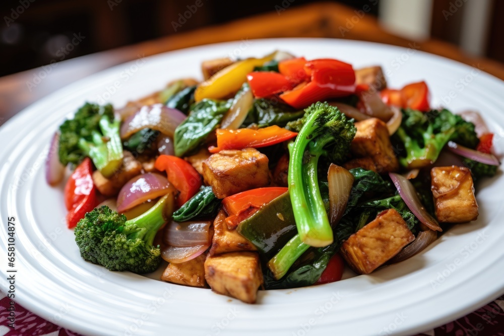 stir-fried veggies with tempeh served on a white dish stir-fried veggies with tempeh served on a white dish