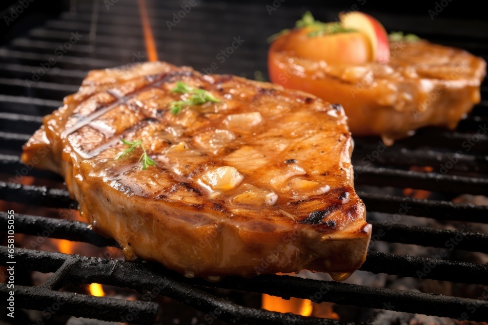 sizzling pork chops under amber apple sauce on hot grill sizzling pork chops under amber apple sauce on hot grill