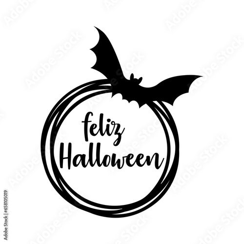 Logo con marco circular con líneas con silueta de murciélago con letras palabra manuscrita feliz Halloween en español para su uso en invitaciones y tarjetas