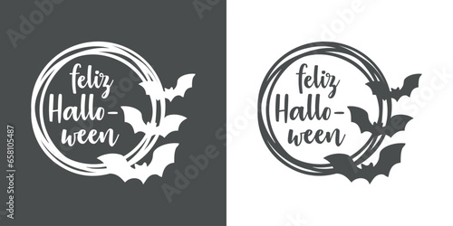 Logo con marco circular con líneas con silueta de murciélagos con letras palabra manuscrita feliz Halloween en español para su uso en invitaciones y tarjetas