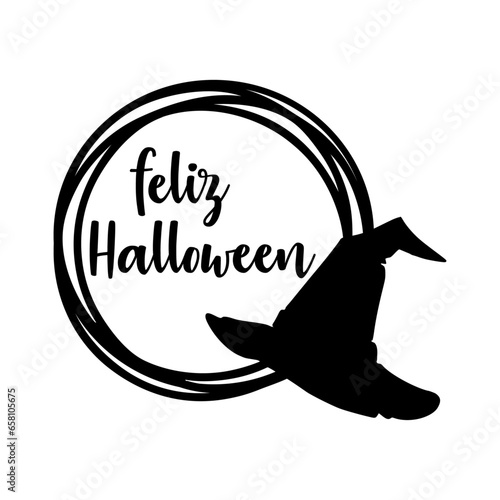 Logo con marco circular con líneas con silueta de sombrero de bruja con letras palabra manuscrita feliz Halloween en español para su uso en invitaciones y tarjetas