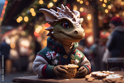 Christmas composition with a little cute baby dragon in a sweater. New Year of the Dragon 2024. New Year's poster with a cartoon 3d dragon.. Generative AI © latokhinaKate
