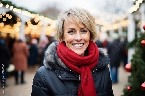 Portrait of happy mature woman at christmas market in evening time