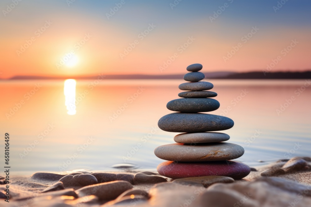 stacked smooth stones on a tranquil beach setting stacked smooth stones on a tranquil beach setting