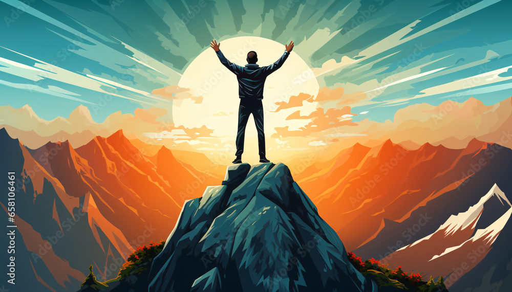 Illustration that embodies the concept of success, featuring a triumphant individual standing atop a majestic mountain	 - obrazy, fototapety, plakaty 
