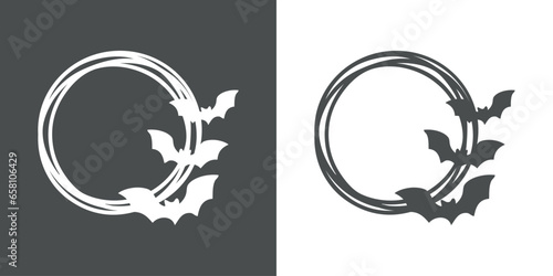 Logo con marco circular con líneas con silueta de murciélagos para su uso en invitaciones y tarjetas de Halloween