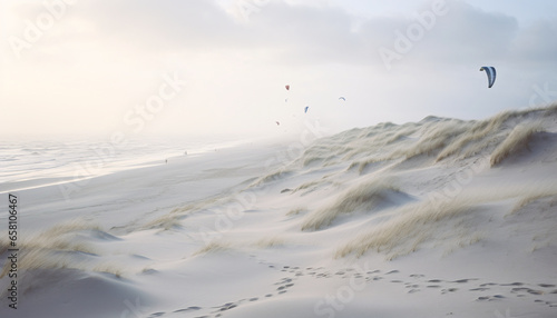 beach scene on the island of Sylt with kites, pristine white sand, rolling waves of the North Sea