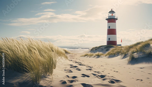 Picturesque beach scene on the island of Sylt, Germany, capturing the pristine white sand, rolling waves of the North Sea, and a majestic lighthouse © Marvin