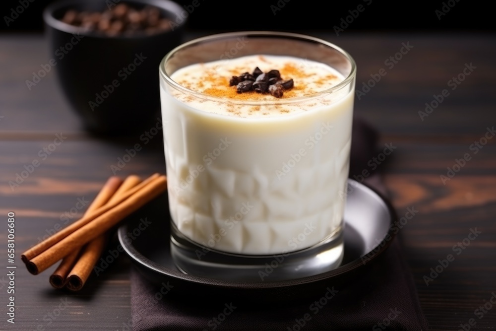 glass of rice pudding drink on a black wooden table glass of rice pudding drink on a black wooden table
