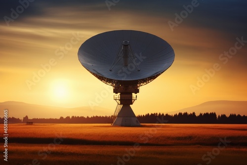 large satellite dish in the field at sunset