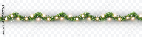 Border with green fir branches and gold lights isolated on transparent background. Pine, xmas evergreen plants seamless banner. Vector Christmas tree garland decoration